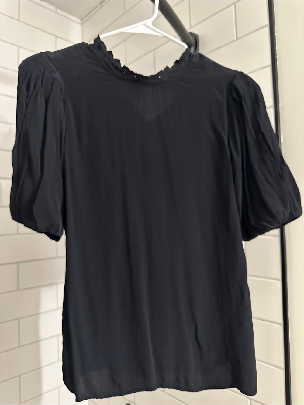 Something Navy Black Puff-Sleeve Mock Neck Blouse